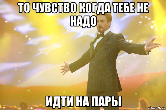 ТО ЧУВСТВО КОГДА ТЕБЕ НЕ НАДО ИДТИ НА ПАРЫ, Мем Тони Старк (Роберт Дауни младший)