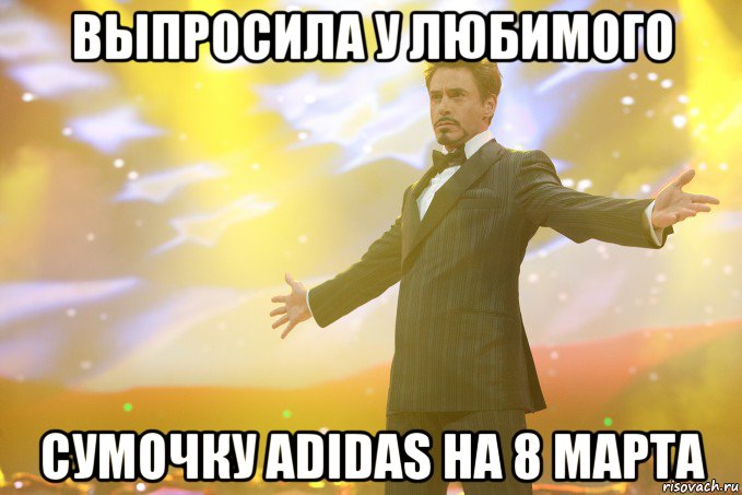 Выпросила у любимого сумочку adidas на 8 марта, Мем Тони Старк (Роберт Дауни младший)