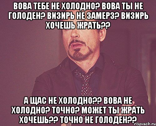 Вова тебе не холодно? Вова ты не голоден? Визирь не замерз? Визирь хочешь жрать?? А щас не холодно?? Вова не холодно? Точно? Может ты жрать хочешь?? Точно не голоден??, Мем твое выражение лица