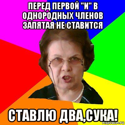 Перед первой "и" в однородных членов запятая не ставится Ставлю два,сука!, Мем Типичная училка