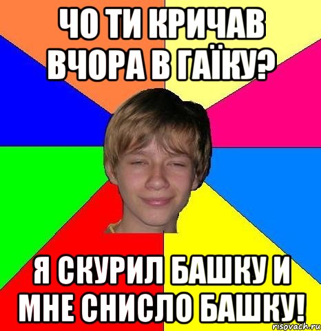 чо ти кричав вчора в гаїку? я скурил башку и мне снисло башку!, Мем Укуренный школьник