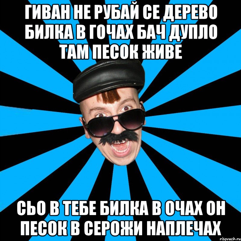 гиван не рубай се дерево билка в гочах бач дупло там песок живе сьо в тебе билка в очах он песок в серожи наплечах