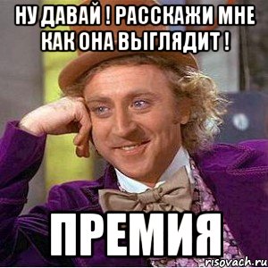 Ну давай ! Расскажи мне как она выглядит ! ПРЕМИЯ, Мем Ну давай расскажи (Вилли Вонка)