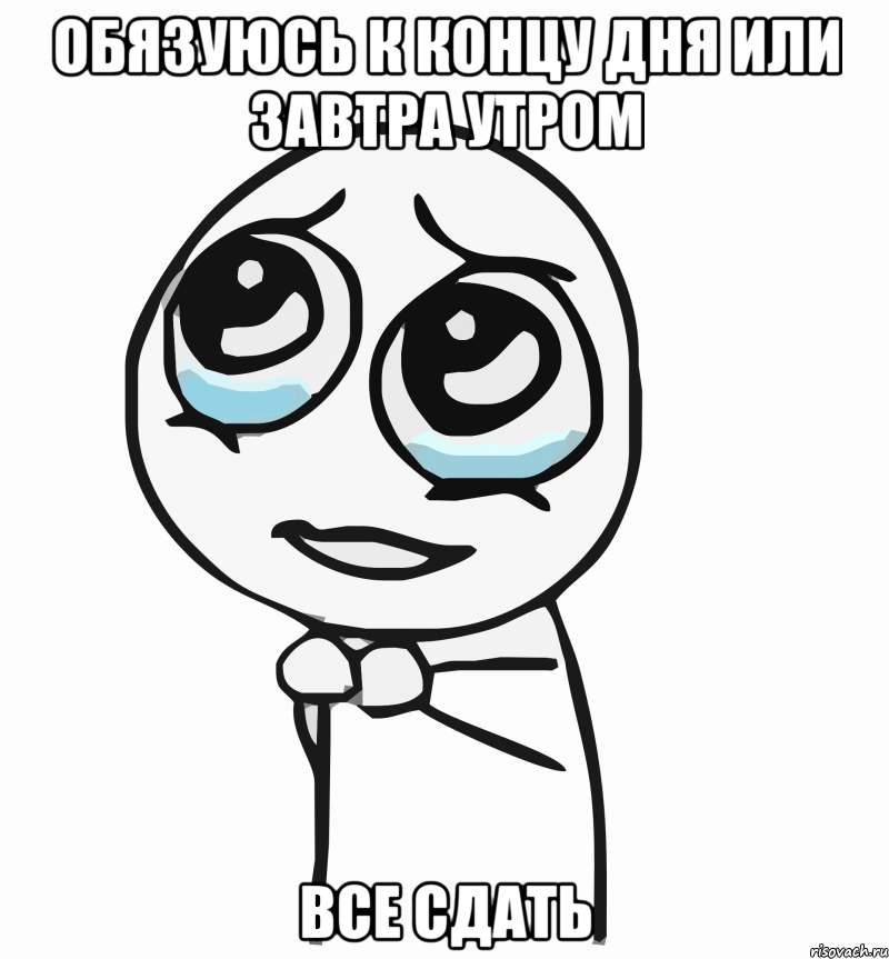 Обязуюсь к концу дня или завтра утром ВСЕ СДАТЬ, Мем  ну пожалуйста (please)