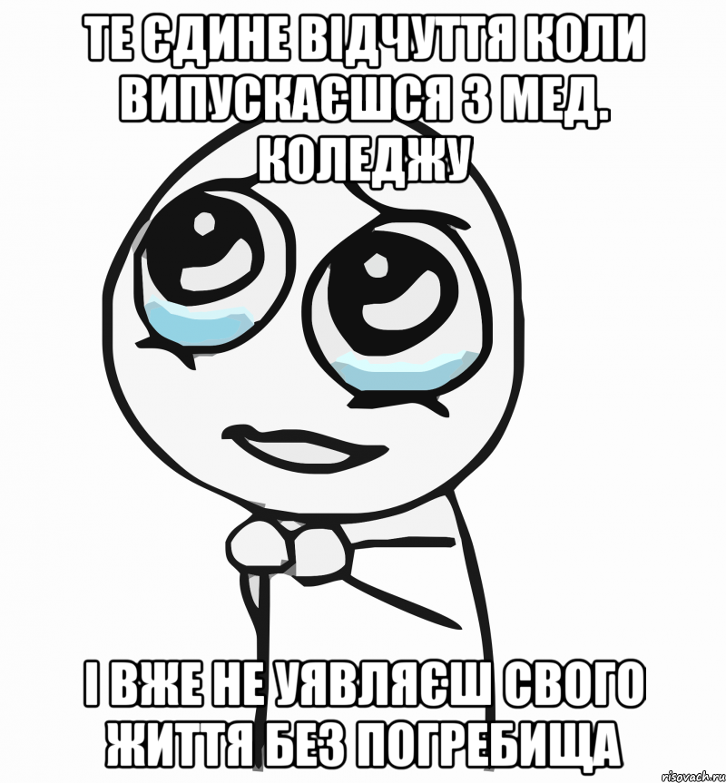 те єдине відчуття коли випускаєшся з мед. коледжу і вже не уявляєш свого життя без погребища, Мем  ну пожалуйста (please)