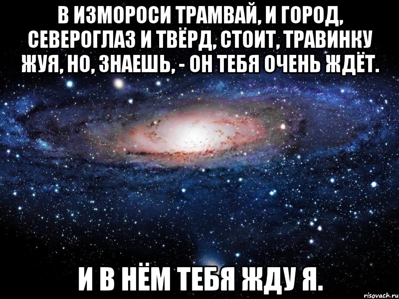 В измороси трамвай, и город, североглаз и твёрд, стоит, травинку жуя, но, знаешь, - он тебя очень ждёт. И в нём тебя жду я., Мем Вселенная