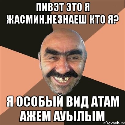 Пивэт это я Жасмин.Незнаеш кто я? Я особый вид атам ажем ауылым, Мем Я твой дом труба шатал