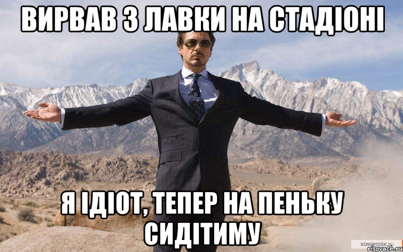Вирвав 3 лавки на стадіоні Я ідіот, тепер на пеньку сидітиму, Мем железный человек