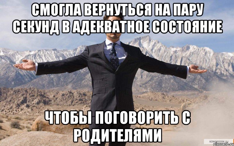 смогла вернуться на пару секунд в адекватное состояние чтобы поговорить с родителями, Мем железный человек