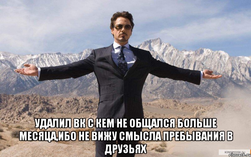  удалил вк с кем не общался больше месяца,ибо не вижу смысла пребывания в друзьях, Мем железный человек