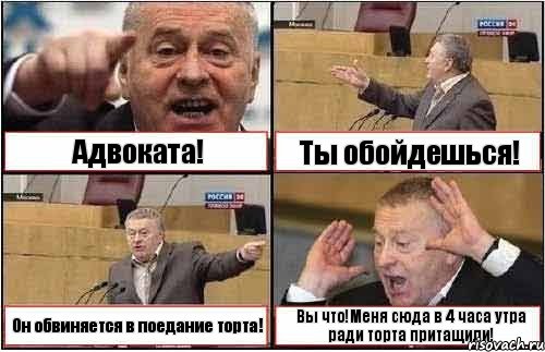 Адвоката! Ты обойдешься! Он обвиняется в поедание торта! Вы что!Меня сюда в 4 часа утра ради торта притащили!, Комикс жиреновский