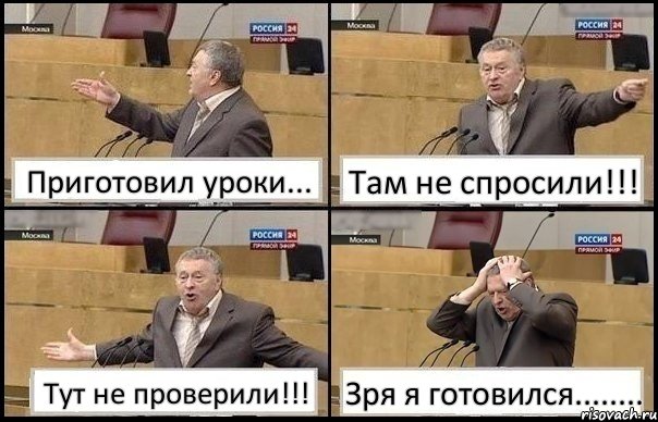 Приготовил уроки... Там не спросили!!! Тут не проверили!!! Зря я готовился........, Комикс Жирик в шоке хватается за голову