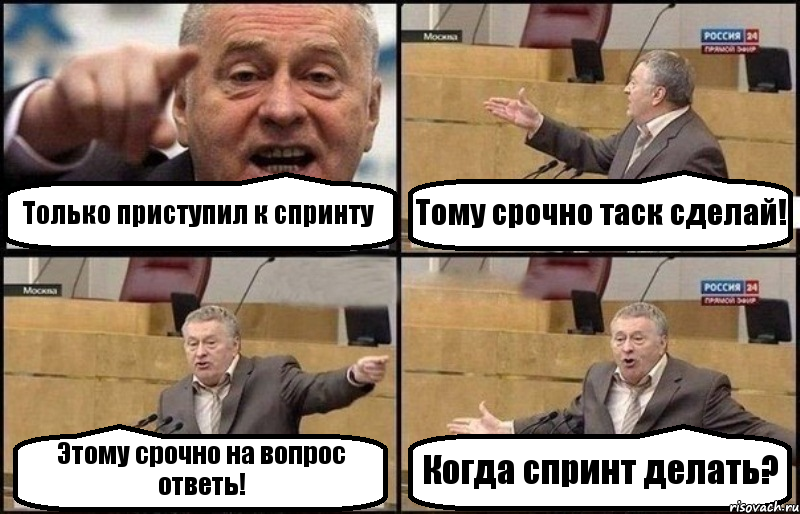 Только приступил к спринту Тому срочно таск сделай! Этому срочно на вопрос ответь! Когда спринт делать?, Комикс Жириновский