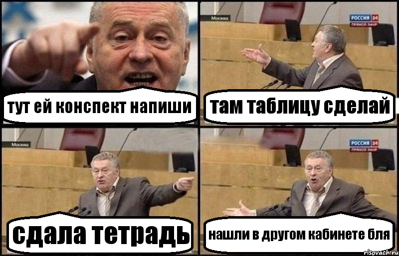 тут ей конспект напиши там таблицу сделай сдала тетрадь нашли в другом кабинете бля, Комикс Жириновский