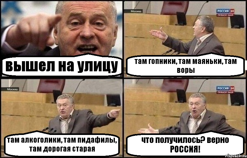 вышел на улицу там гопники, там маяньки, там воры там алкоголики, там пидафилы, там дорогая старая что получилось? верно РОССИЯ!, Комикс Жириновский