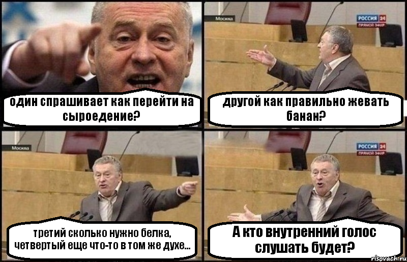 один спрашивает как перейти на сыроедение? другой как правильно жевать банан? третий сколько нужно белка, четвертый еще что-то в том же духе... А кто внутренний голос слушать будет?, Комикс Жириновский