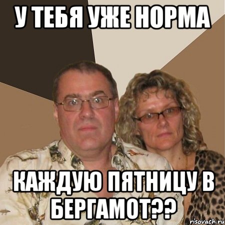 у тебя уже норма каждую пятницу в Бергамот??, Мем  Злые родители