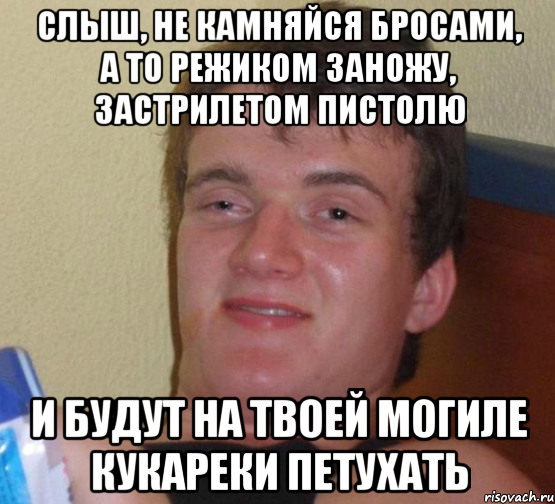 Слыш, не камняйся бросами, а то режиком заножу, застрилетом пистолю и будут на твоей могиле кукареки петухать, Мем 10 guy (Stoner Stanley really high guy укуренный парень)