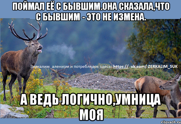 Поймал её с бывшим.Она сказала,что с бывшим - это не измена. а ведь логично,умница моя