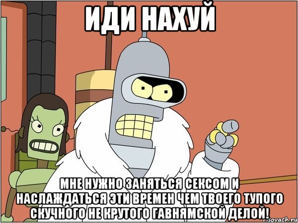 иди нахуй мне нужно заняться сексом и наслаждаться эти времен чем твоего тупого скучного не крутого гавнямской делой!, Мем Бендер