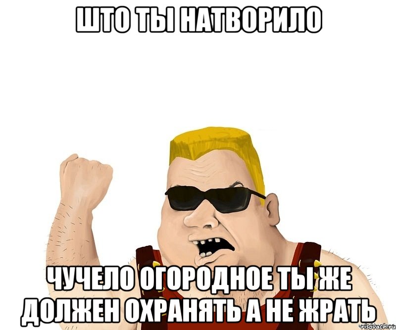 што ты натворило чучело огородное ты же должен охранять а не жрать, Мем Боевой мужик блеать