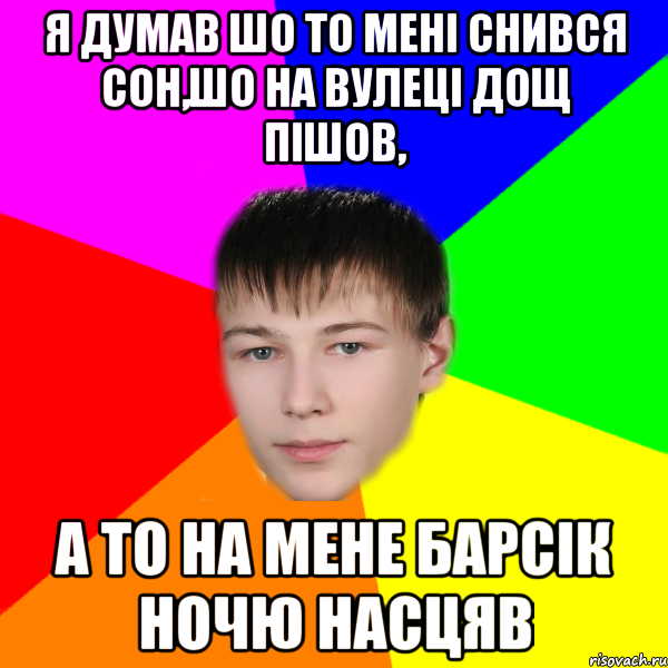 я думав шо то мені снився сон,шо на вулеці дощ пішов, а то на мене барсік ночю насцяв