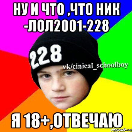 Ну и что ,что ник -лол2001-228 Я 18+,отвечаю, Мем  Циничный школьник 1