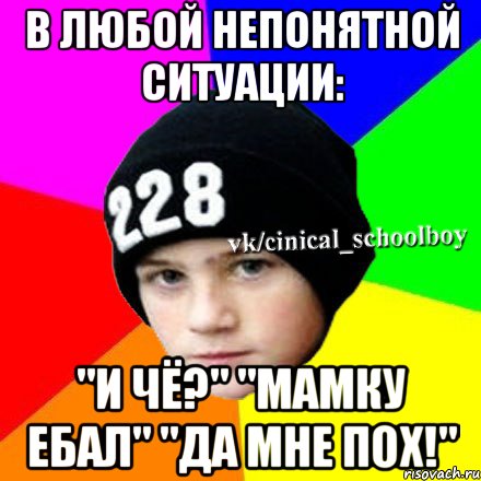 в любой непонятной ситуации: "и чё?" "мамку ебал" "да мне пох!", Мем  Циничный школьник 1