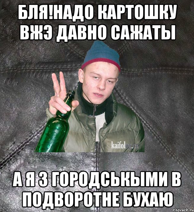 бля!Надо картошку вжэ давно сажаты а я з городськыми в подворотне бухаю, Мем Дерзкий