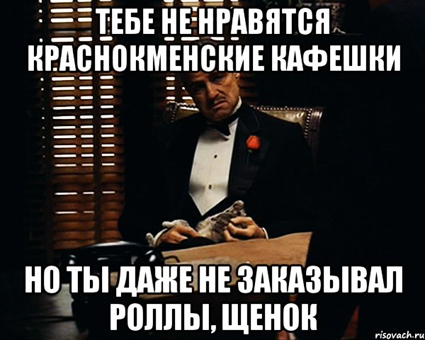 ТЕБЕ НЕ НРАВЯТСЯ КРАСНОКМЕНСКИЕ КАФЕШКИ НО ТЫ ДАЖЕ НЕ ЗАКАЗЫВАЛ РОЛЛЫ, ЩЕНОК, Мем Дон Вито Корлеоне