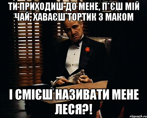 Ти приходиш до мене, п*єш мій чай, ХАВАЄШ тортик з маком І смієш називати мене ЛЕСЯ?!, Мем Дон Вито Корлеоне