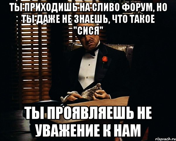 ты приходишь на сливо форум, но ты даже не знаешь, что такое "сися" ты проявляешь не уважение к нам, Мем Дон Вито Корлеоне