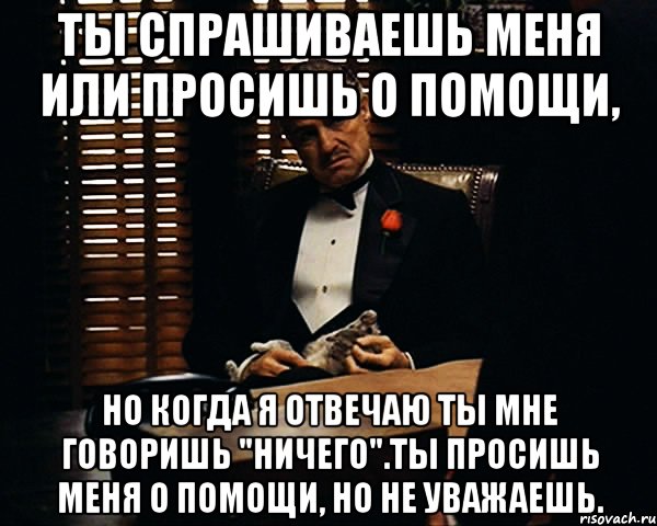 Ты спрашиваешь меня или просишь о помощи, но когда я отвечаю ты мне говоришь "ничего".Ты просишь меня о помощи, но не уважаешь., Мем Дон Вито Корлеоне