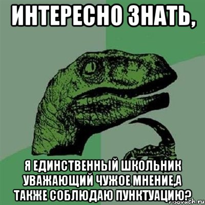 Интересно знать, Я единственный школьник уважающий чужое мнение,а также соблюдаю пунктуацию?, Мем Филосораптор