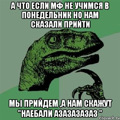 А что если мф не учимся в понедельник но нам сказали прийти мы прийдем ,а нам скажут "наебали азазазазаз ", Мем Филосораптор