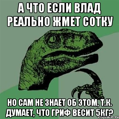 А что если влад реально жмет сотку но сам не знает об этом, т.к. думает, что гриф весит 5кг?, Мем Филосораптор