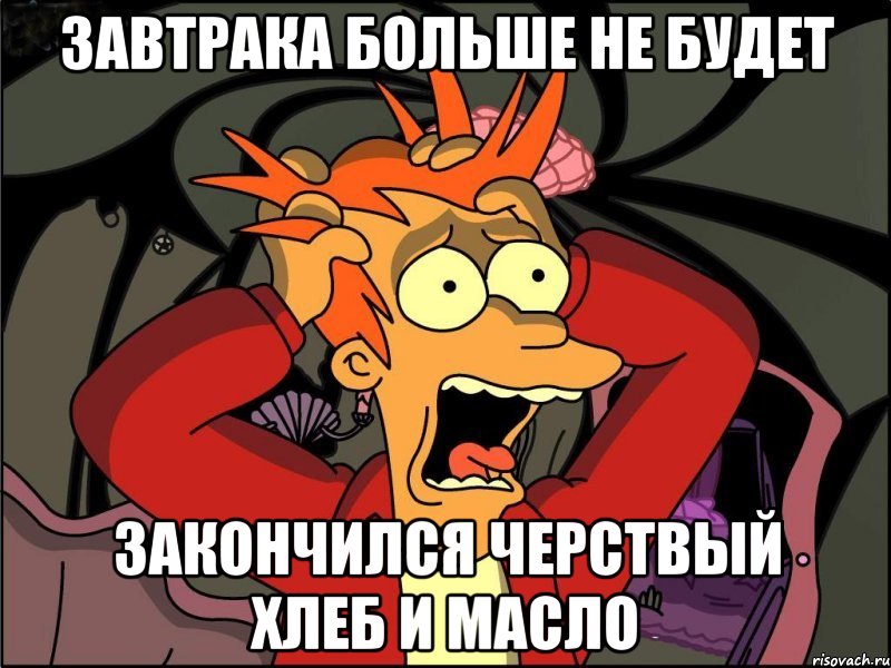 ЗАВТРАКА БОЛЬШЕ НЕ БУДЕТ ЗАКОНЧИЛСЯ ЧЕРСТВЫЙ ХЛЕБ И МАСЛО, Мем Фрай в панике