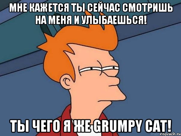 МНЕ КАЖЕТСЯ ТЫ СЕЙЧАС СМОТРИШЬ НА МЕНЯ И УЛЫБАЕШЬСЯ! ТЫ ЧЕГО Я ЖЕ Grumpy Cat!, Мем  Фрай (мне кажется или)