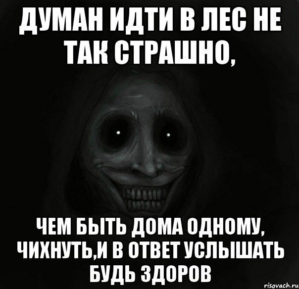 думан идти в лес не так страшно, чем быть дома одному, чихнуть,и в ответ услышать будь здоров, Мем Ночной гость