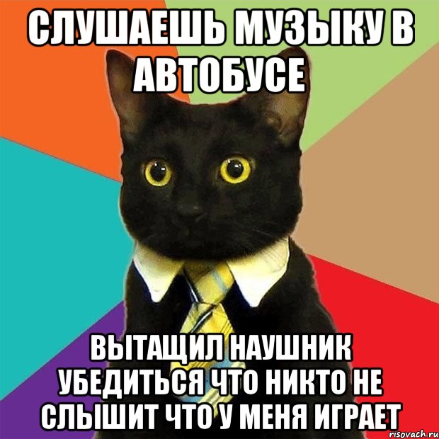 СЛУШАЕШЬ МУЗЫКУ В АВТОБУСЕ ВЫТАЩИЛ НАУШНИК УБЕДИТЬСЯ ЧТО НИКТО НЕ СЛЫШИТ ЧТО У МЕНЯ ИГРАЕТ, Мем  Кошечка