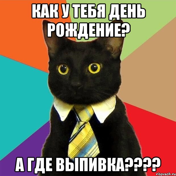как у тебя день рождение? а где выпивка????, Мем  Кошечка