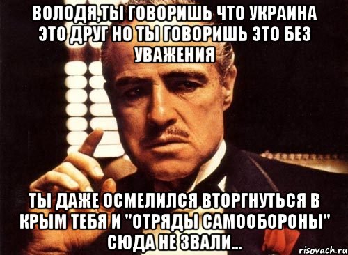 ВОЛОДЯ,ТЫ ГОВОРИШЬ ЧТО УКРАИНА ЭТО ДРУГ НО ТЫ ГОВОРИШЬ ЭТО БЕЗ УВАЖЕНИЯ ТЫ ДАЖЕ ОСМЕЛИЛСЯ ВТОРГНУТЬСЯ В КРЫМ ТЕБЯ И "ОТРЯДЫ САМООБОРОНЫ" СЮДА НЕ ЗВАЛИ..., Мем крестный отец