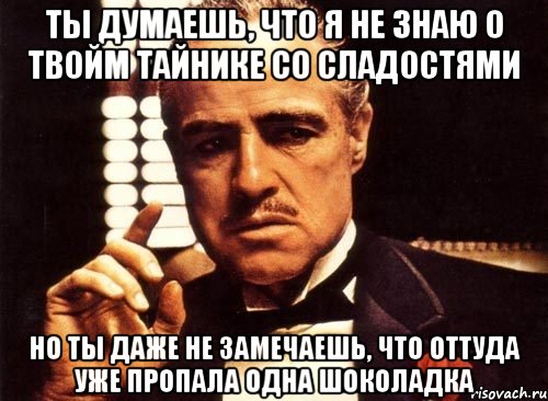 ты думаешь, что я не знаю о твойм тайнике со сладостями но ты даже не замечаешь, что оттуда уже пропала одна шоколадка, Мем крестный отец