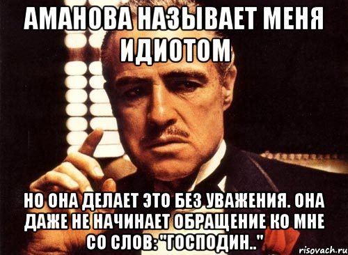 Аманова называет меня идиотом Но она делает это без уважения. Она даже не начинает обращение ко мне со слов: "Господин..", Мем крестный отец