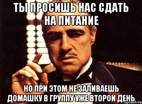 ты просишь нас сдать на питание но при этом не заливаешь домашку в группу уже второй день, Мем крестный отец