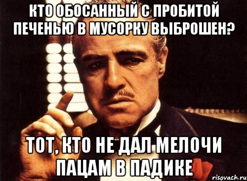 Кто обосанный с пробитой печенью в мусорку выброшен? Тот, кто не дал мелочи пацам в падике, Мем крестный отец