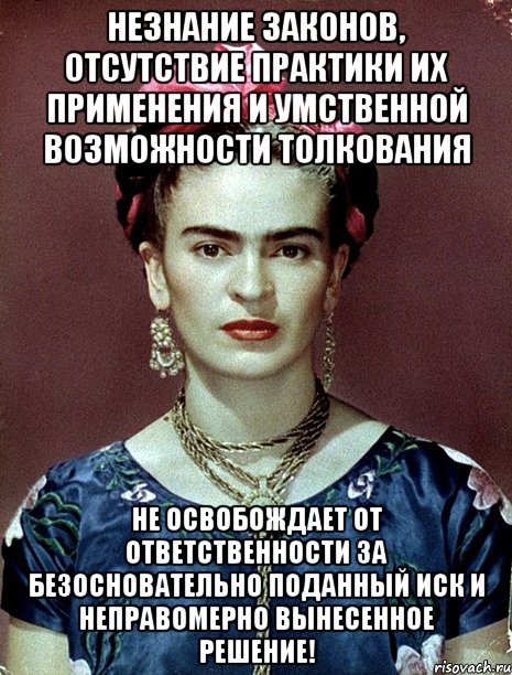 Незнание законов, отсутствие практики их применения и умственной возможности толкования не освобождает от ответственности за безосновательно поданный иск и неправомерно вынесенное решение!, Мем Magdalena Carmen Frieda Kahlo Ca