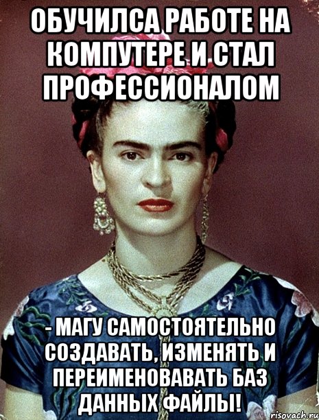 Обучилса работе на компутере и стал профессионалом - магу самостоятельно создавать, изменять и переименовавать баз данных файлы!, Мем Magdalena Carmen Frieda Kahlo Ca