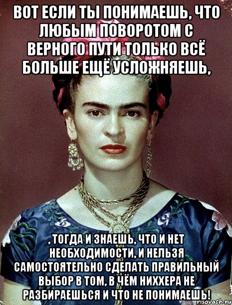Вот если ты понимаешь, что любым поворотом с верного пути только всё больше ещё усложняешь, , тогда и знаешь, что и нет необходимости, и нельзя самостоятельно сделать правильный выбор в том, в чём ниххера не разбираешься и что не понимаешь!, Мем Magdalena Carmen Frieda Kahlo Ca