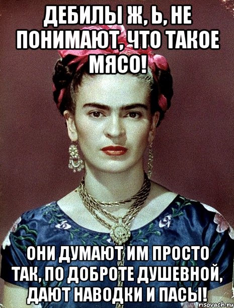 Дебилы ж, Ь, не понимают, что такое МЯСО! Они думают им просто так, по доброте душевной, дают наводки и пасы!, Мем Magdalena Carmen Frieda Kahlo Ca
